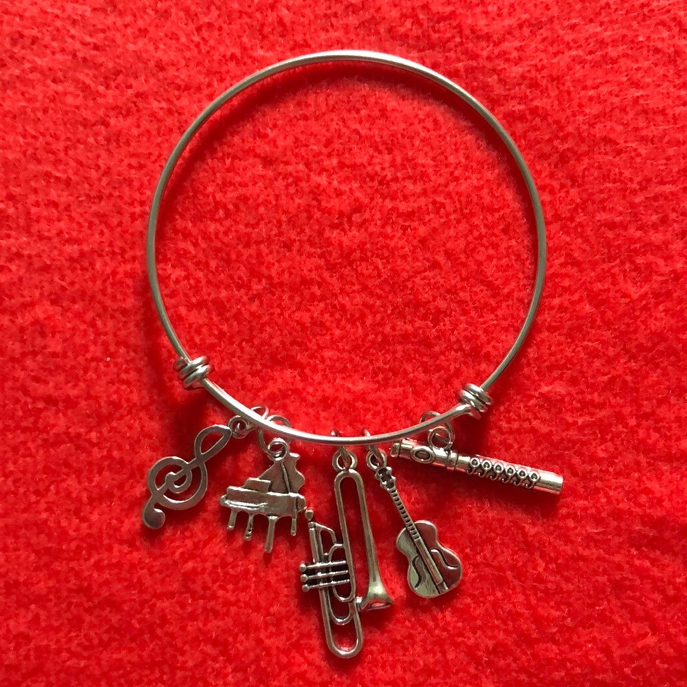 Adjustable, Silver Bangle Bracelet with Symphony Hall Inspired Charms